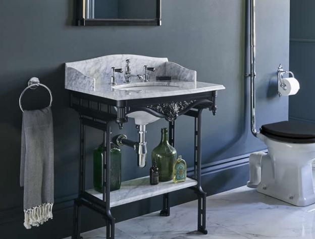 image of burlington georgian carrara marble worktop and basin with upstand on black aluminium washstand with shelf